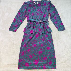 Vintage Florentine 80s Dress Size 10 Green Magenta Pink Peplum Belt Satin